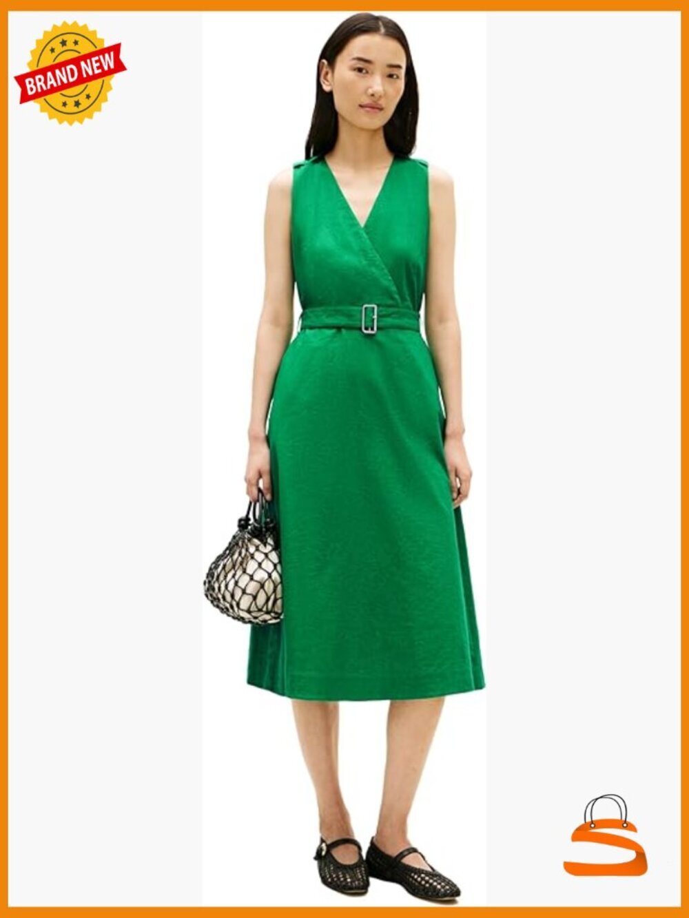 Sleeveless Linen V-Neck Wrap Midi Dress with Belt
